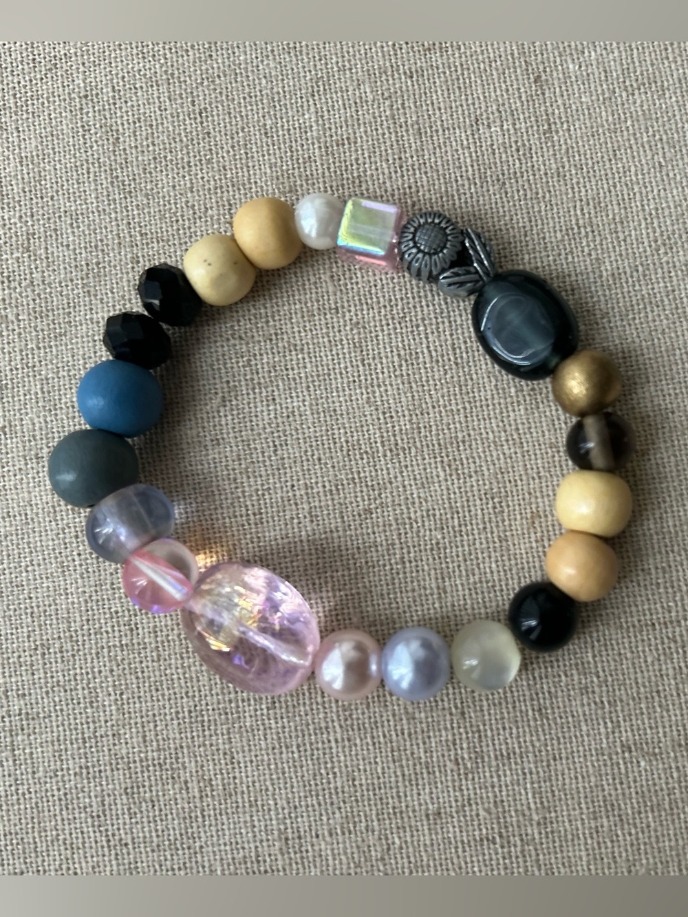 Handmade Mixed-Bead Stretch Bracelet in Pink, Black, Gold, Cream